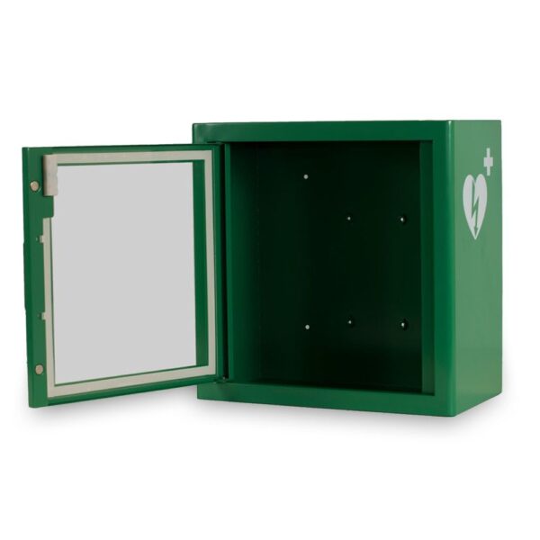 Universele AED wandkast met magneet alarm, die open staat.